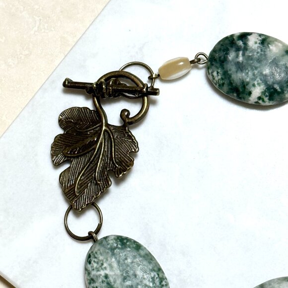 2/$20, Genuine Tree Agate Bracelet, Natural Green Gemstone & Bronze Grape Leaf - Picture 4 of 13